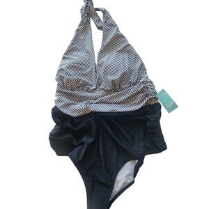 Ziola Womens Striped Halter One Piece Swimsuit Black White 065 Colorblock XL NWT